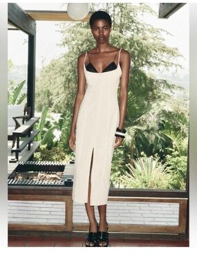 Zara Cream Midi Slip Dress with Front Slit